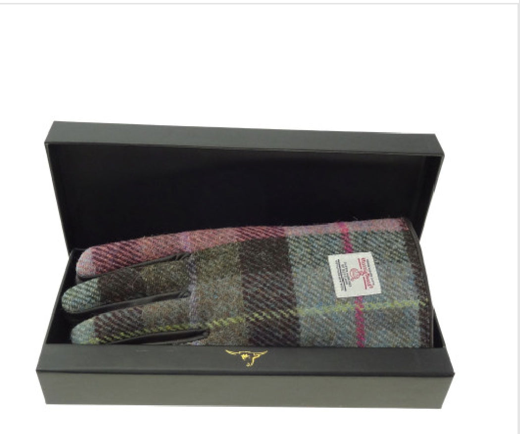 Ladies Harris Tweed Brown Leather Gloves Gift Boxed - COL137