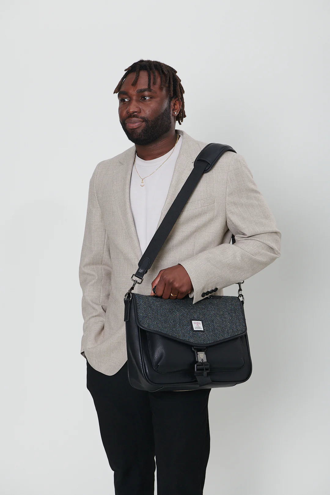 Islander Laptop Bag in Brown Faux Leather & Harris Tweed Burgundy Purple Fuschia Tartan