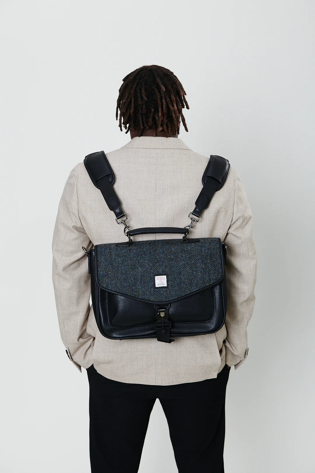 Islander Laptop Bag in Brown Faux Leather & Harris Tweed Burgundy Purple Fuschia Tartan