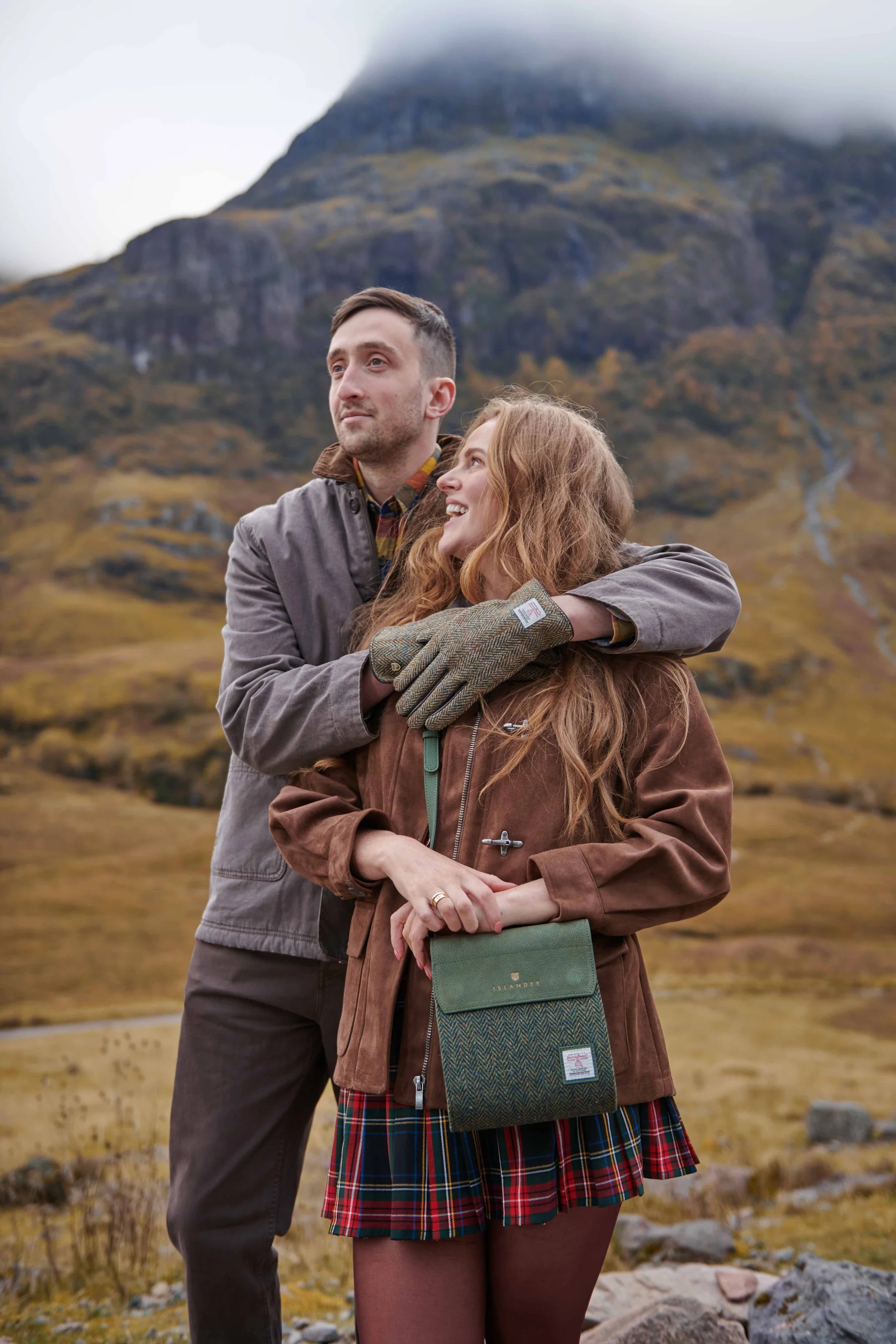 Islander The Eilidh Leather Crossbody Bag with Chestnut Blue Tartan Harris Tweed