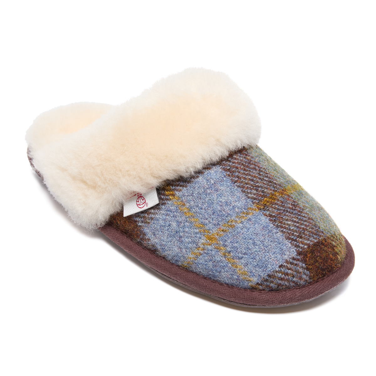 Kate Ladies' Sheepskin Lined Mule Slippers (Chocolate / Green Check)