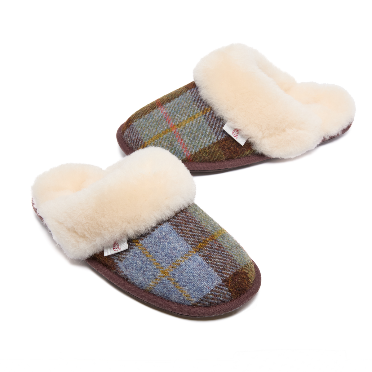 Kate Ladies' Sheepskin Lined Mule Slippers (Chocolate / Green Check)