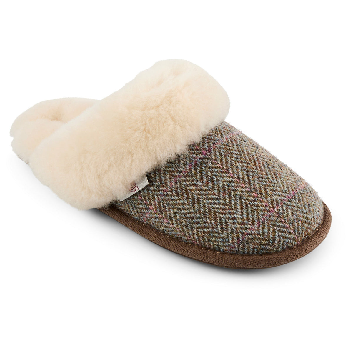 Kate Ladies' Sheepskin Lined Mule Slippers (Oat / Pink Herringbone)