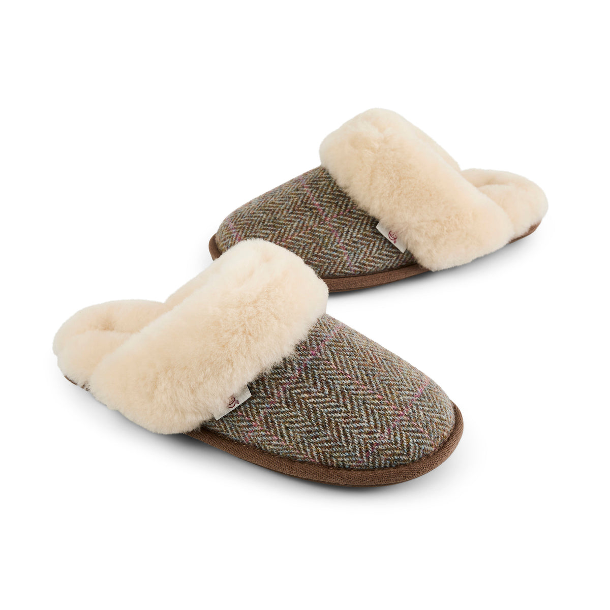 Kate Ladies' Sheepskin Lined Mule Slippers (Oat / Pink Herringbone)