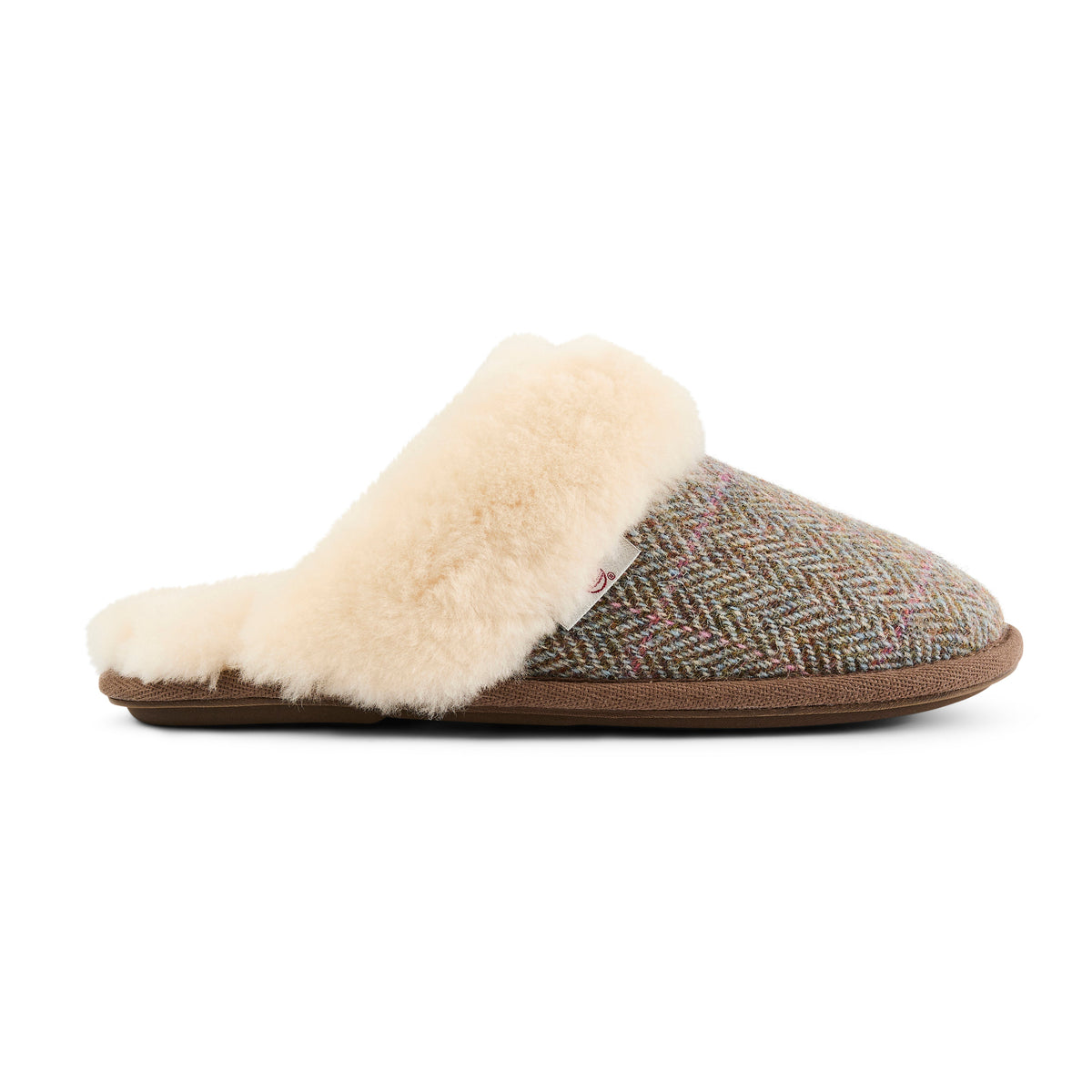 Kate Ladies' Sheepskin Lined Mule Slippers (Oat / Pink Herringbone)