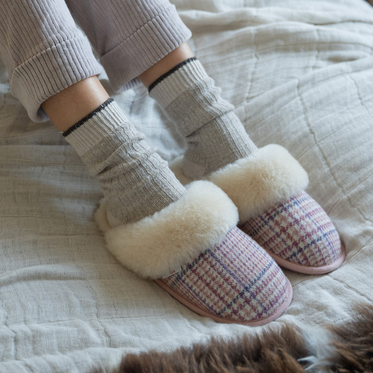 Kate Ladies' Sheepskin Lined Mule Slippers (Pink POW Check)