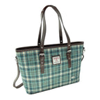 Spey Tote Bag with Brown Shoulder Strap & Harris Tweed Blue Check - COL121 | Harris Tweed Scotland