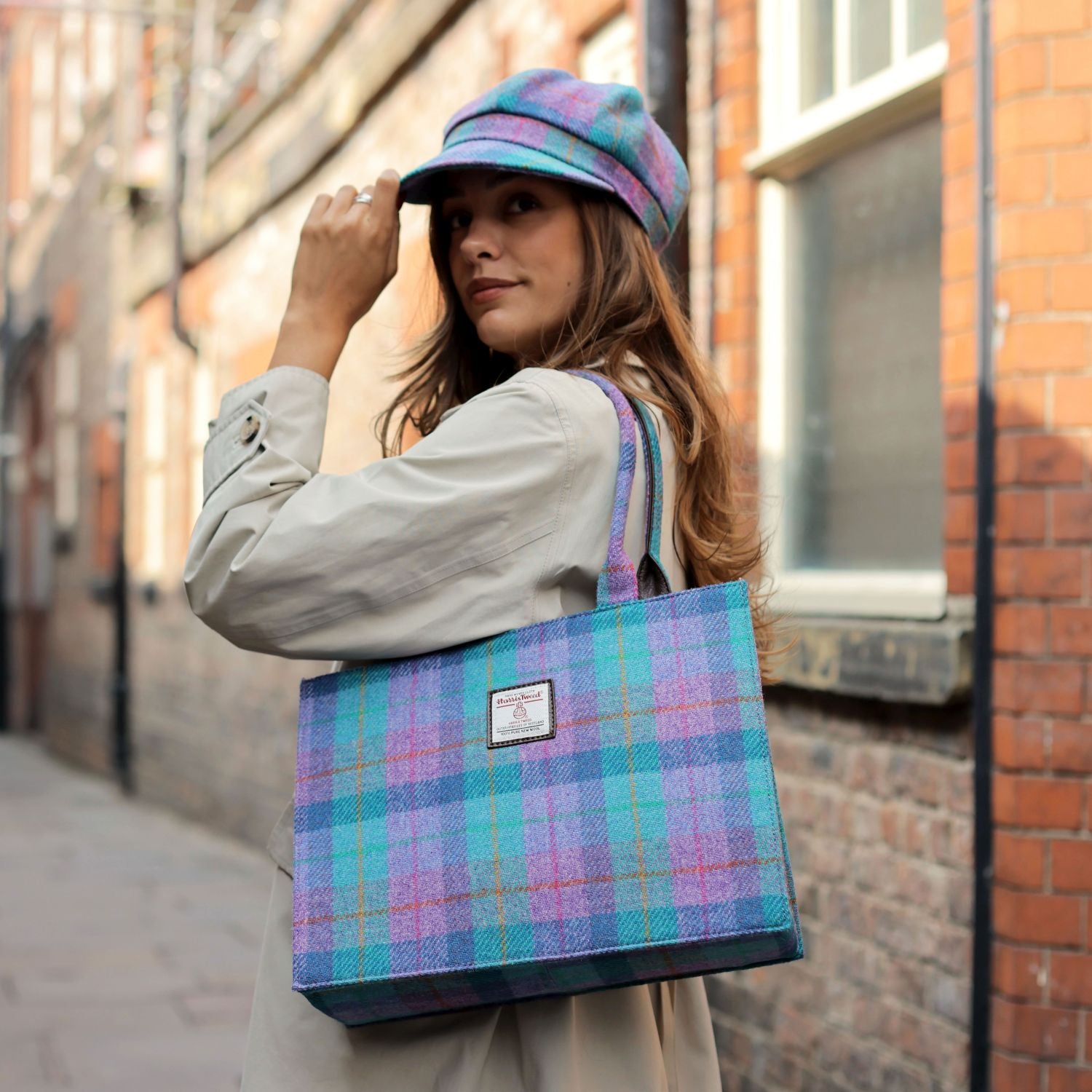 Full Harris Tweed Glencoe Large Tote in Muted Green & Rose Pink Tartan