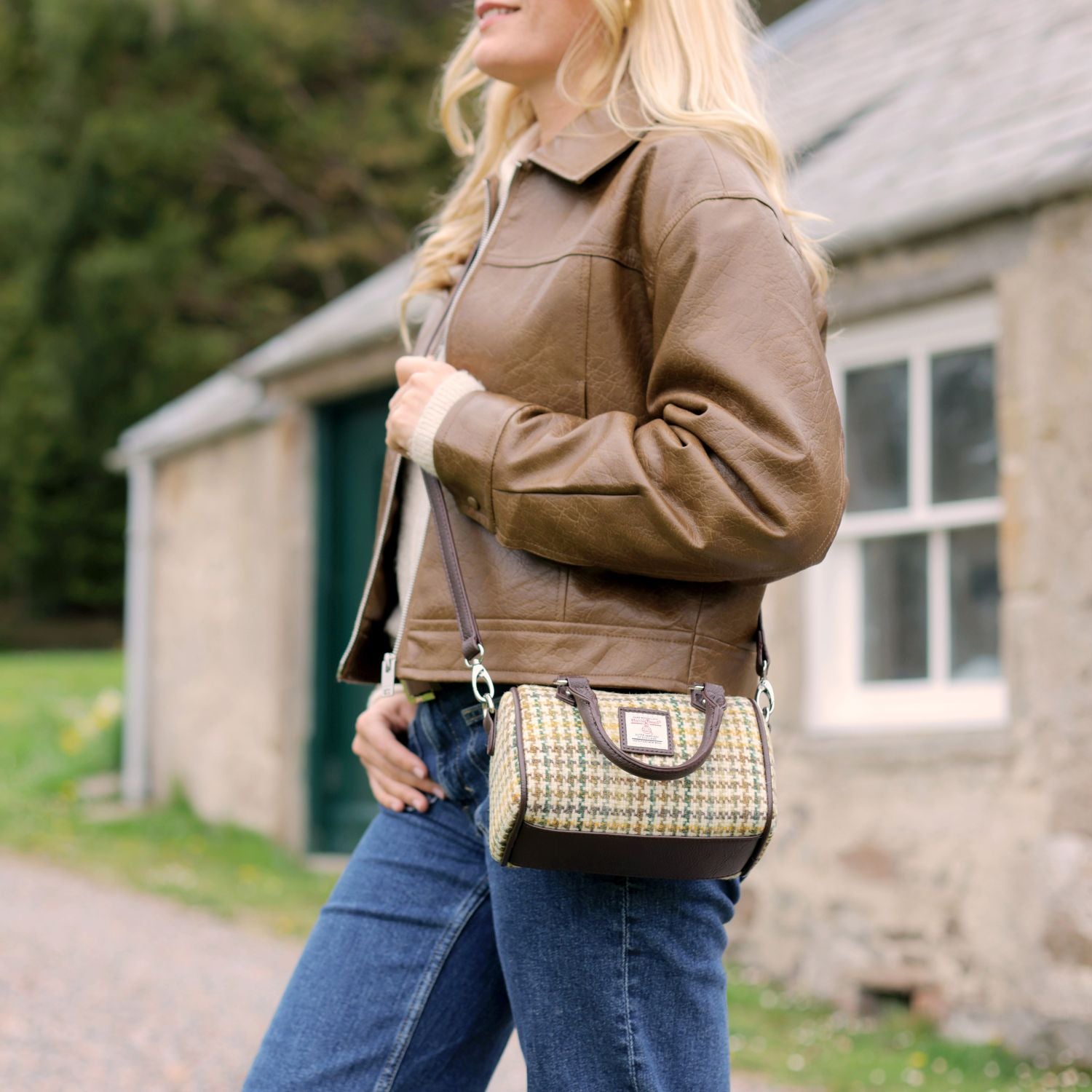Harris Tweed Kilbride Mini Bowling Handbag with Shoulder Strap (Sea Blue Check)
