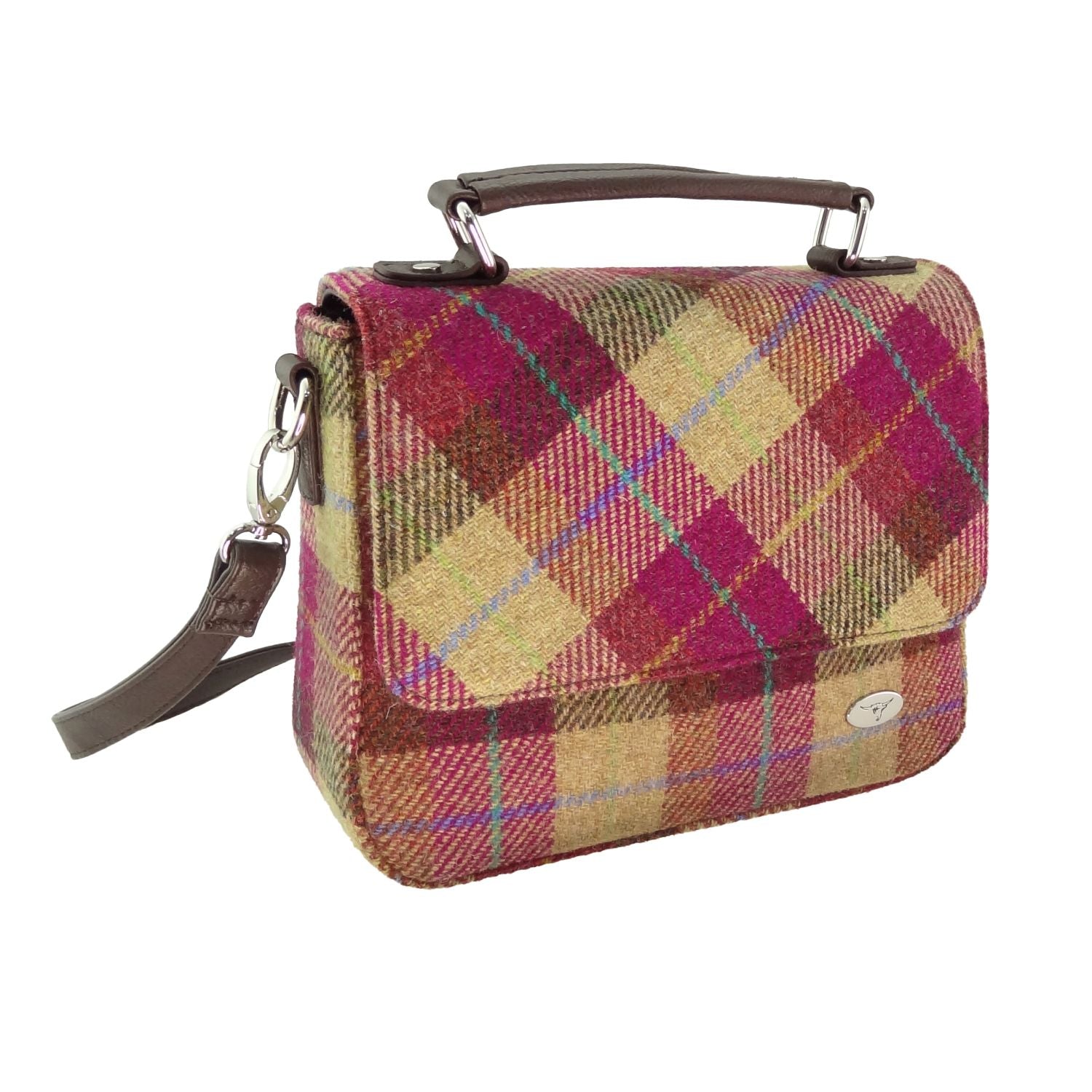 Glen Appin Harris Tweed Thurso Square Mini Satchel Bag (Burgundy & Sand Tartan)
