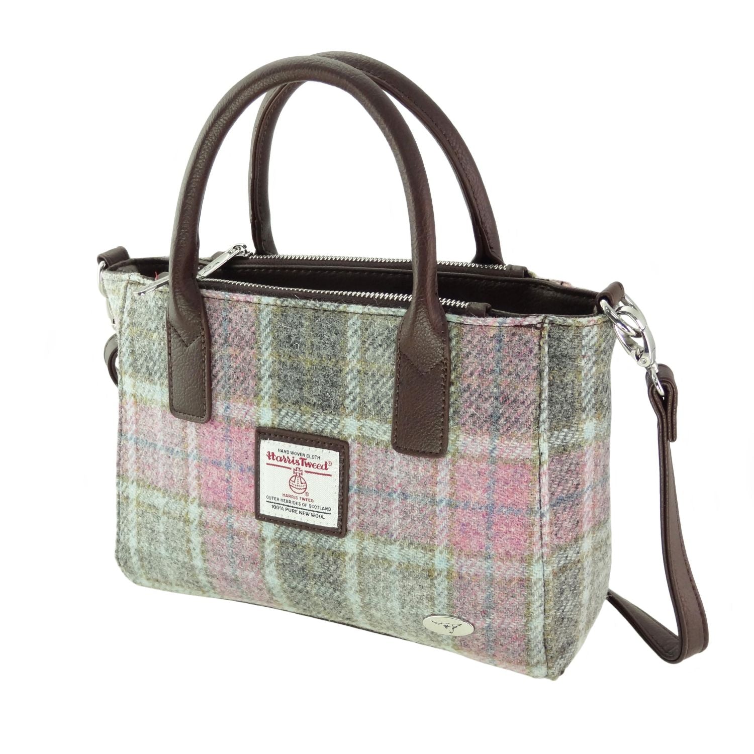 Brora Small Tote Bag with Shoulder Strap & Harris Tweed Purple & Grey Check Fabric - COL134