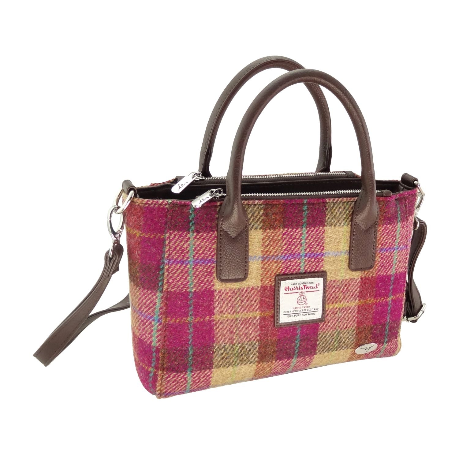 Glen Appin Brora Small Tote Bag with Shoulder Strap with Harris Tweed (Burgundy & Sand Tartan)