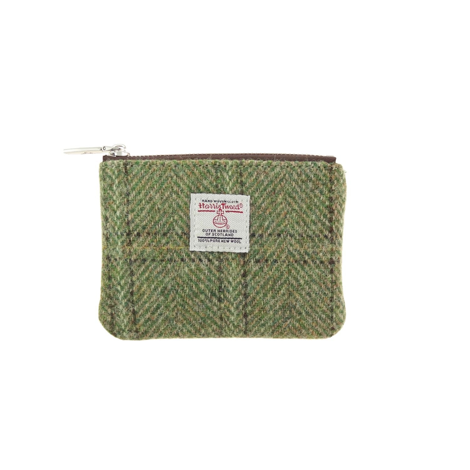 Eriskay Small Zip Pouch with Harris Tweed Scotland Green Herringbone with Overcheck