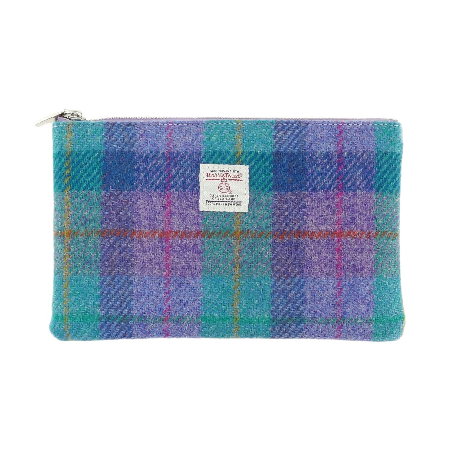 Harris Tweed Scotland Medium Zip Pouch (Green & Purple Tartan)