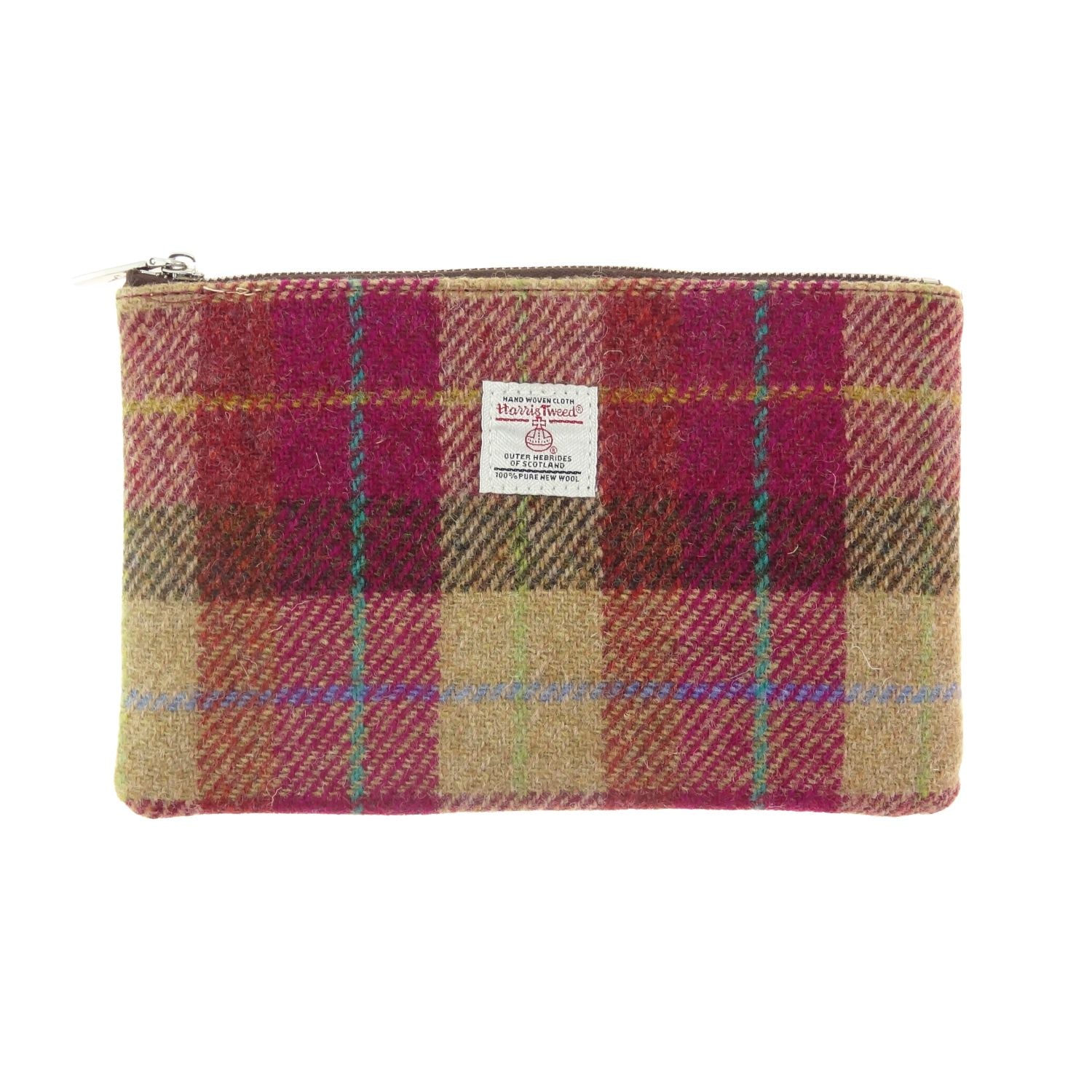 Glen Appin Harris Tweed Medium Zip Pouch (Burgundy & Sand Tartan)