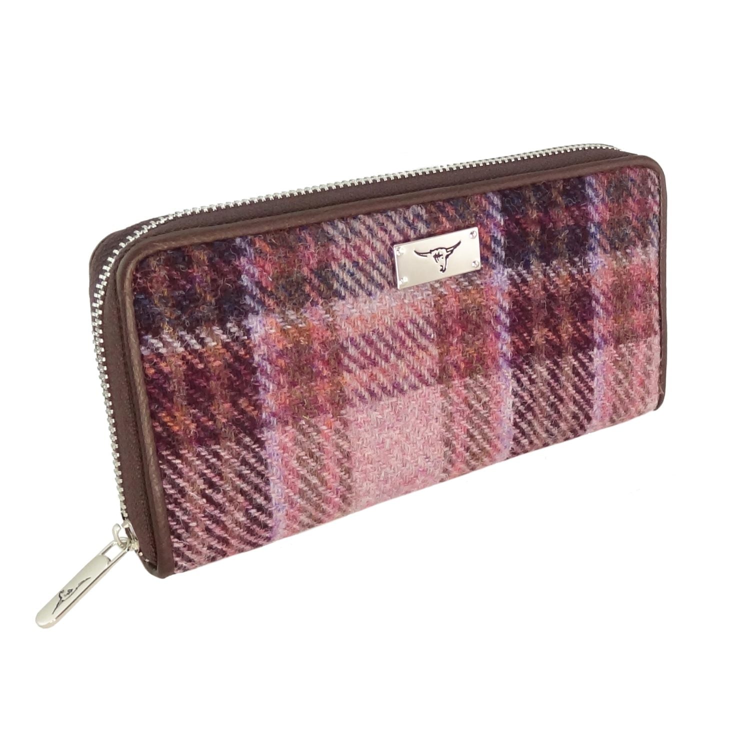 Staffa Long Zip Purse Harris Tweed Scotland Pink/Burgundy Check