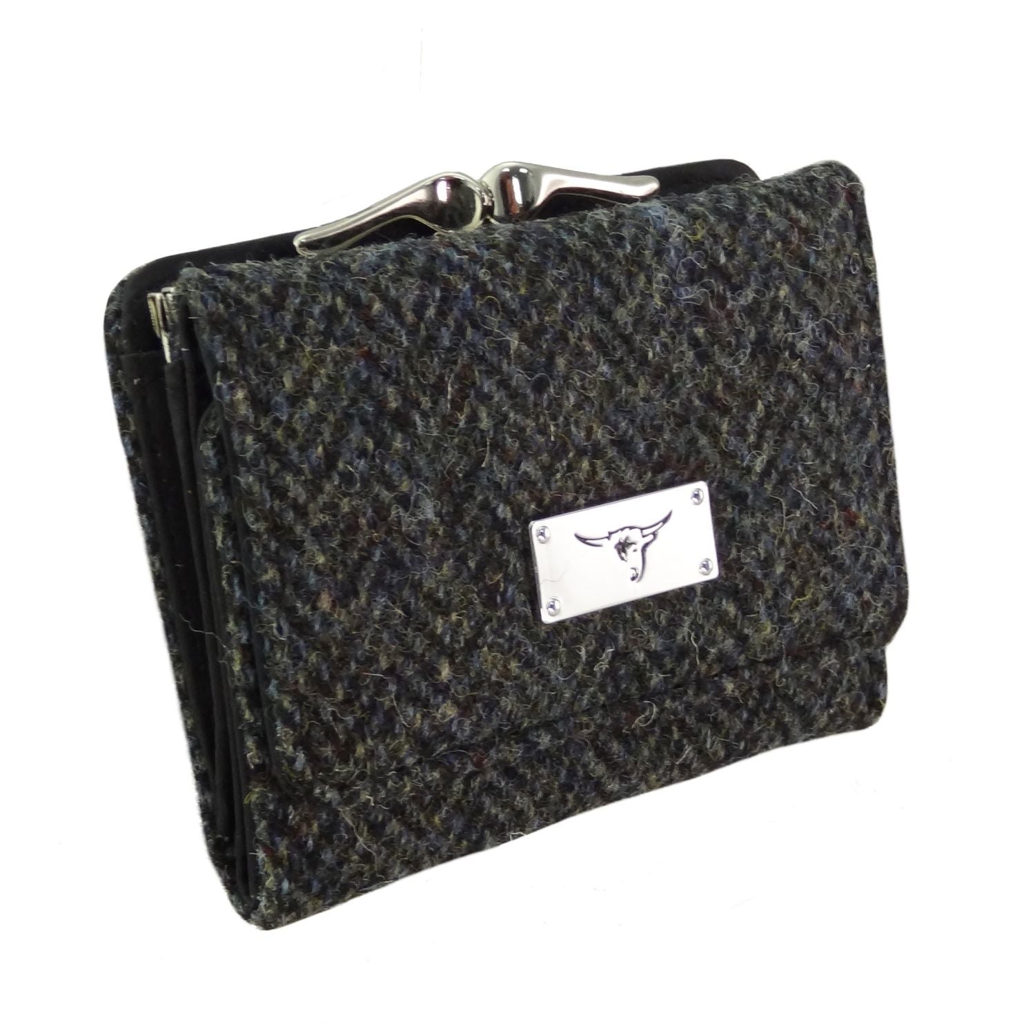 Unst Small Clasp Purse with Harris Tweed Scotland Charcoal Herringbone