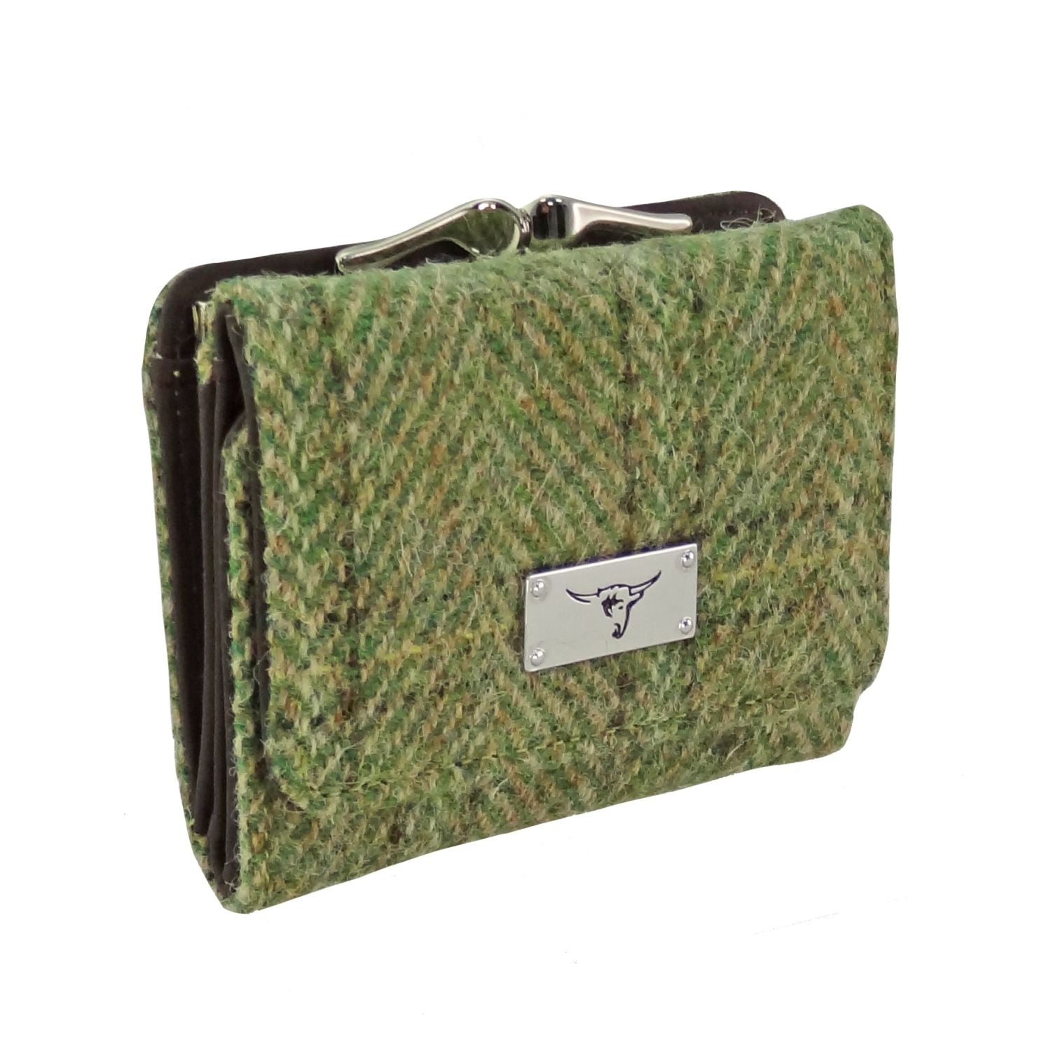 Unst Small Clasp Purse with Harris Tweed Scotland Green Herringbone with Overcheck