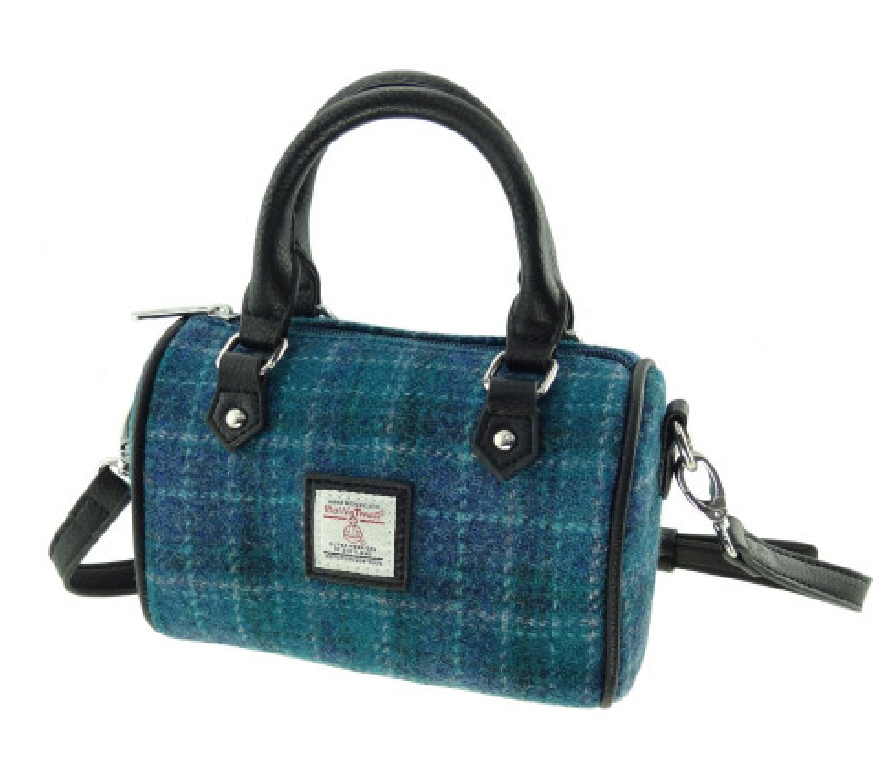Harris Tweed Kilbride Mini Bowling Handbag with Shoulder Strap (Sea Blue Check)