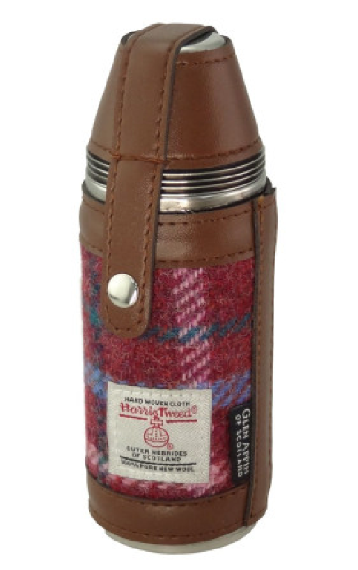 Glen Appin 8oz Hunting Flask with 4 Cups & Harris Tweed (Green, White & Blue Overcheck)