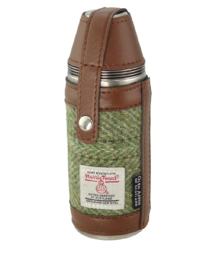 Glen Appin 8oz Hunting Flask with 4 Cups & Harris Tweed (Green Herringbone with Overcheck)