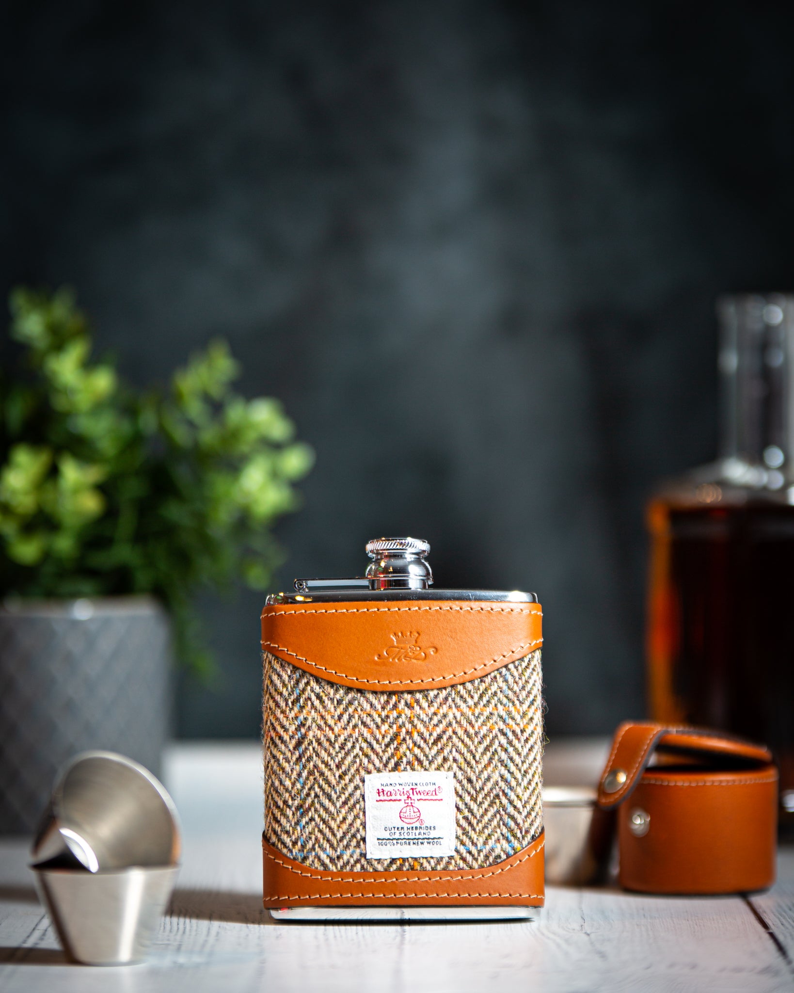 Marlborough of England Harris Tweed Hip Flask - Tan
