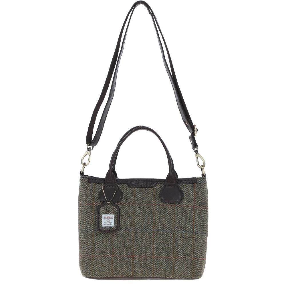 Real Leather Turnberry Shoulder Bag with Harris Tweed - Brown Leather &amp; Green