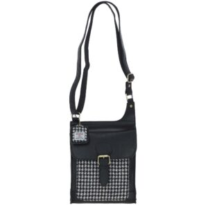 Real Leather Maybole Crossbody Bag with Harris Tweed - Black Leather &amp; Black and White Houndstooth