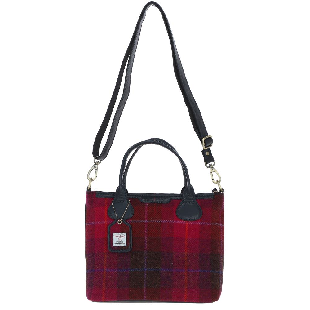 Real Leather Turnberry Shoulder Bag with Harris Tweed - Navy Leather &amp; Fuschia
