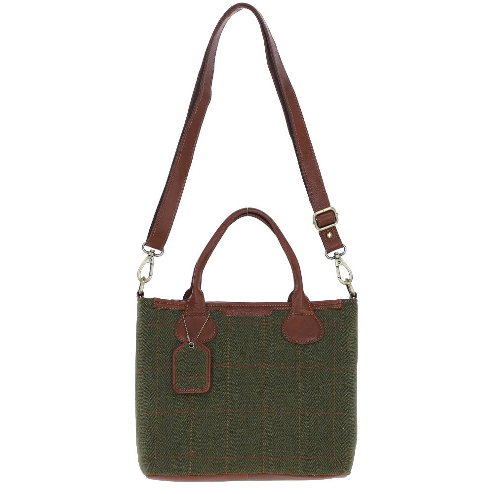 Real Leather Turnberry Shoulder Bag with Harris Tweed - Tan Leather &amp; Green Check