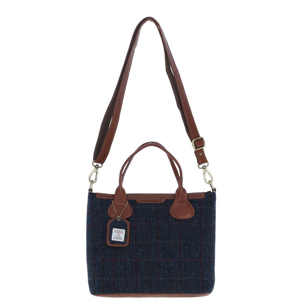 Real Leather Turnberry Shoulder Bag with Harris Tweed - Tan Leather &amp; Navy
