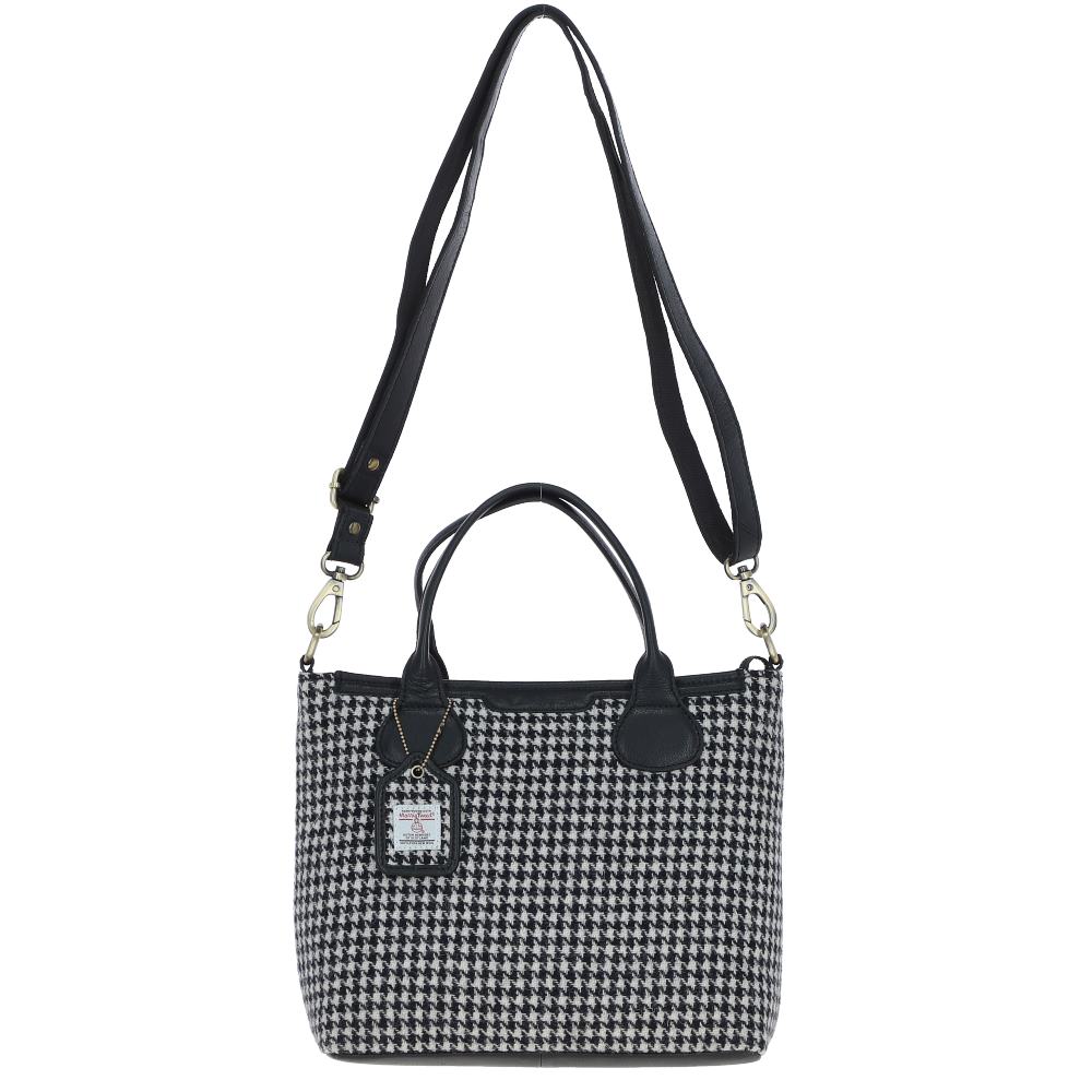 Real Leather Turnberry Shoulder Bag with Harris Tweed - Black Leather &amp; Black and White Houndstooth