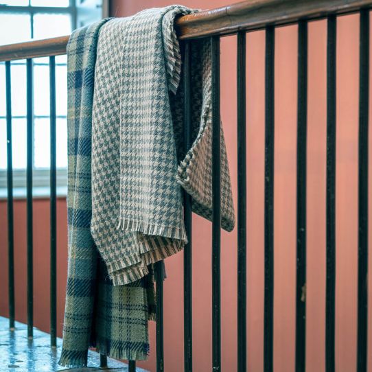 Lochcarron Bracken British Wool Corrie Blanket (Sage Green,Blue & Lemon)