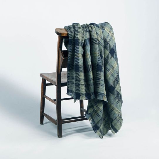 Lochcarron Bracken British Wool Corrie Blanket (Sage Green,Blue & Lemon)