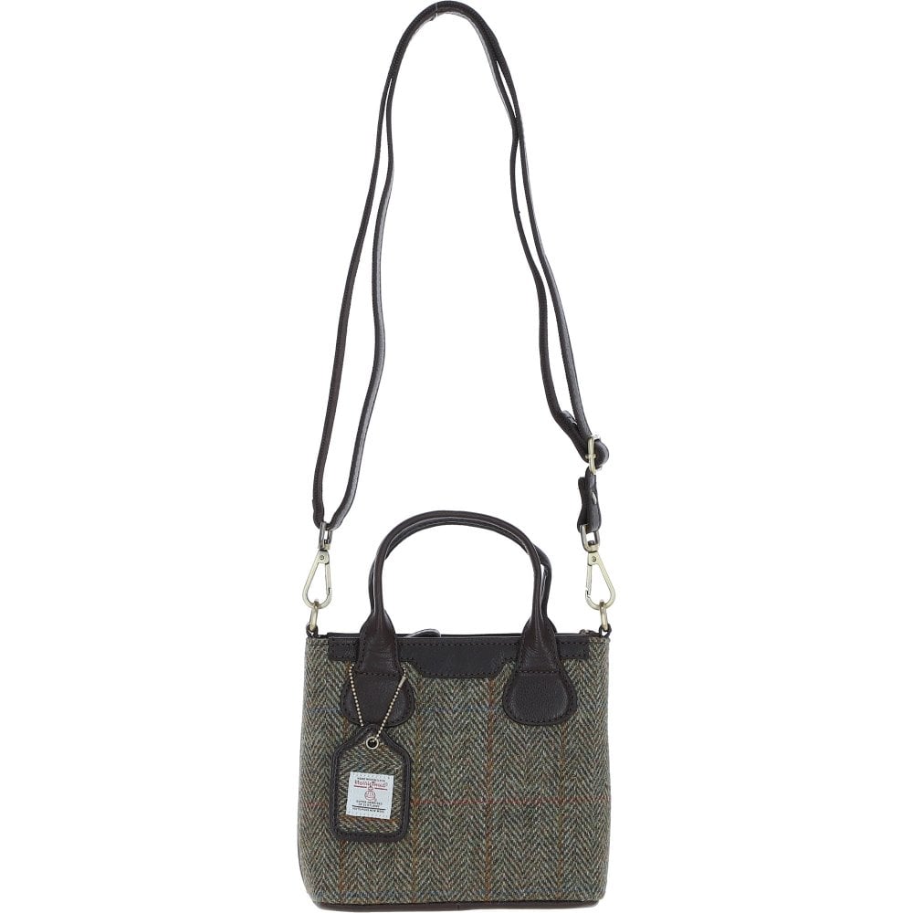 Real Leather with Harris Tweed (Troon Mini Handbag with Removable Crossbody Strap Brown Leather & Green)