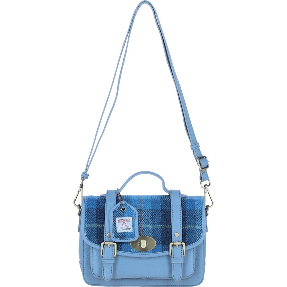 Real Leather Millport Medium Satchel Bag with Brass Twist Lock with Harris Tweed (Baby Blue)
