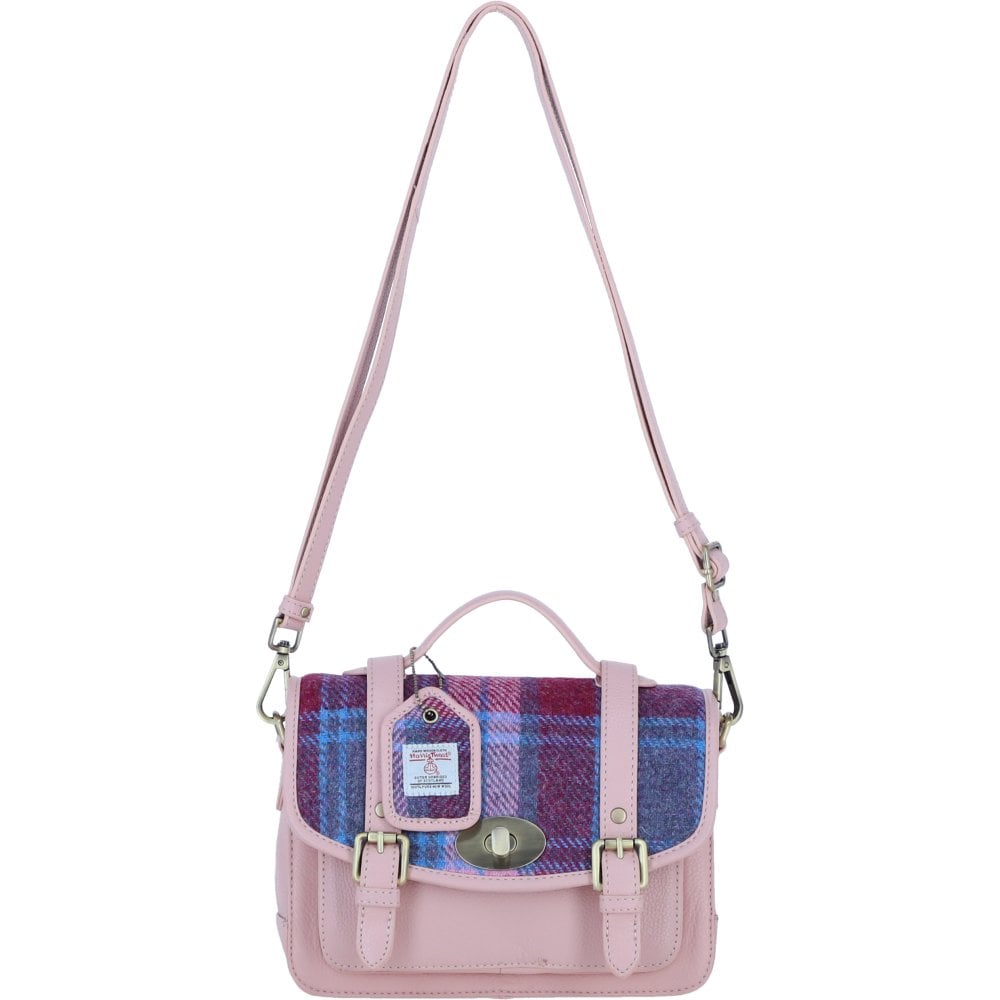 Real Leather Millport Medium Satchel Bag with Brass Twist Lock with Harris Tweed (Baby Pink)