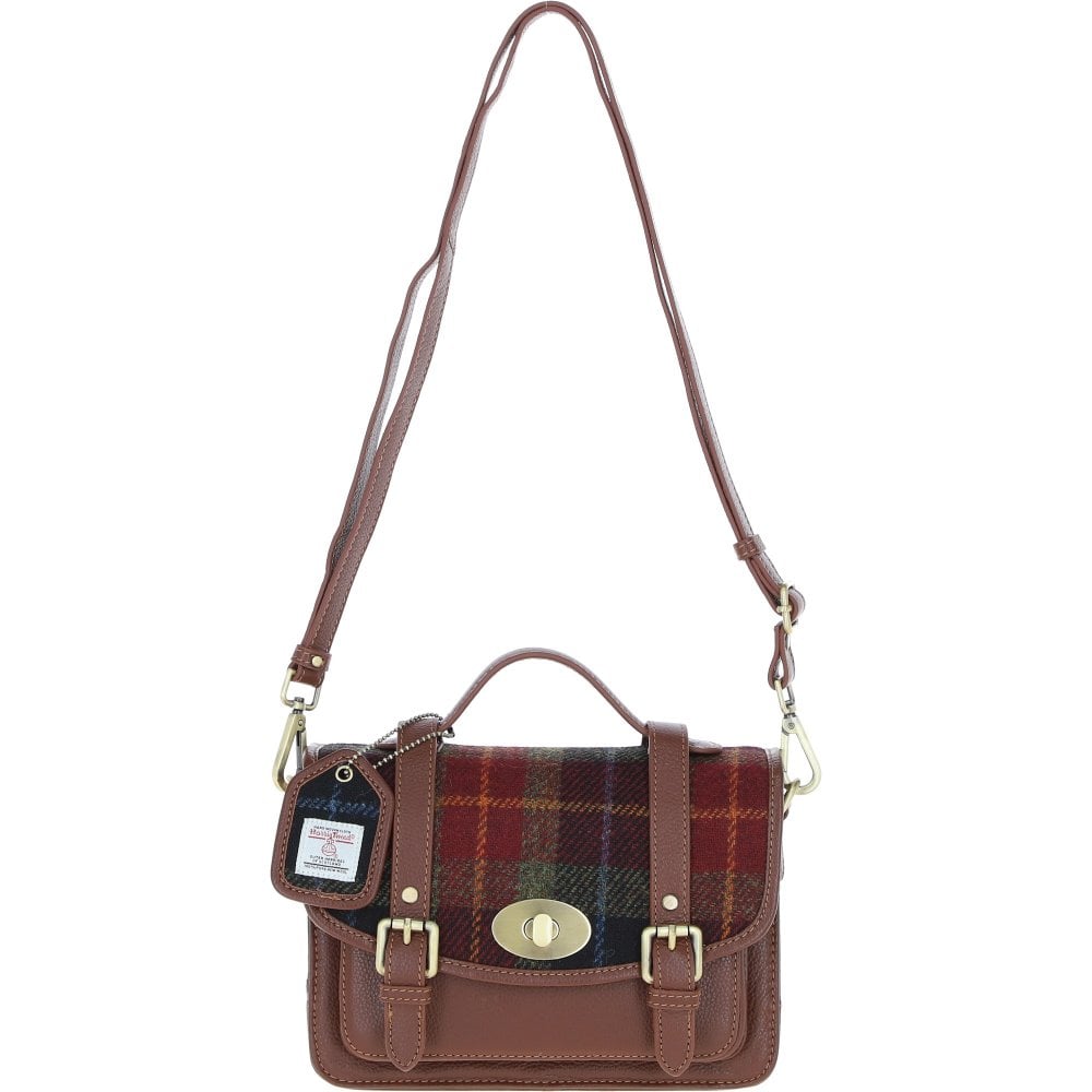 Real Leather Millport Medium Satchel Bag with Brass Twist Lock with Harris Tweed (Tan Leather & Autumn Check)