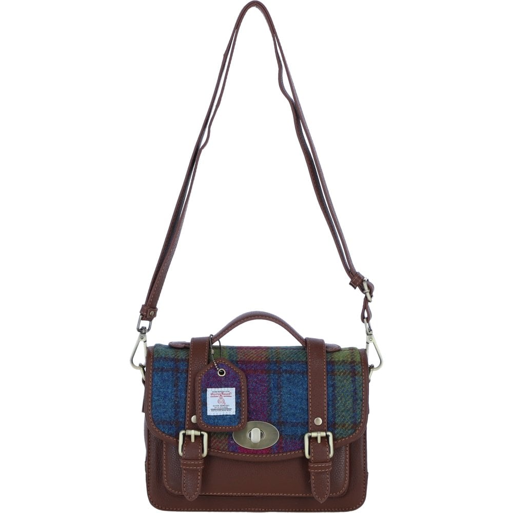 Real Leather Millport Medium Satchel Bag with Brass Twist Lock with Harris Tweed (Tan Purple)
