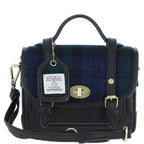Real Leather Mini Satchel Bag with Brass Twist Lock with Harris Tweed (Black Watch)