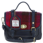 Real Leather Mini Satchel Bag with Brass Twist Lock with Harris Tweed (Fuchsia)
