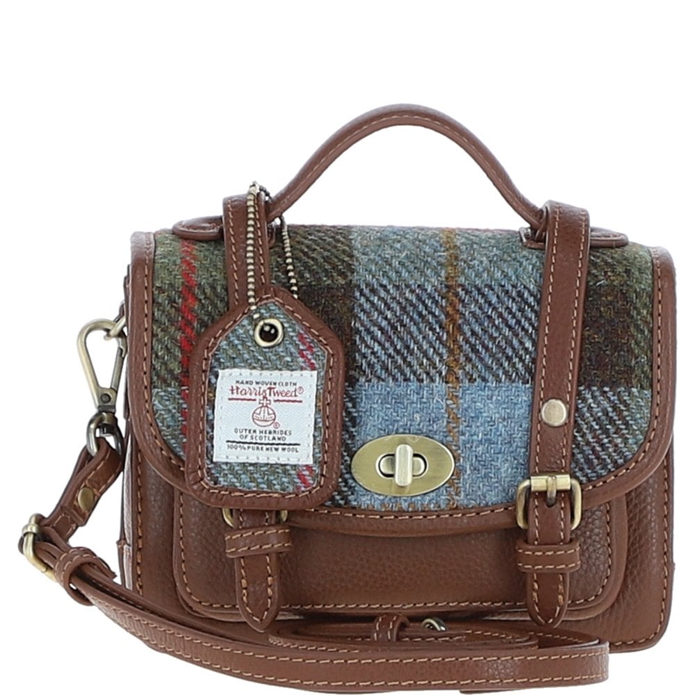 Real Leather Mini Satchel Bag with Brass Twist Lock with Harris Tweed (Tan MacLeod)