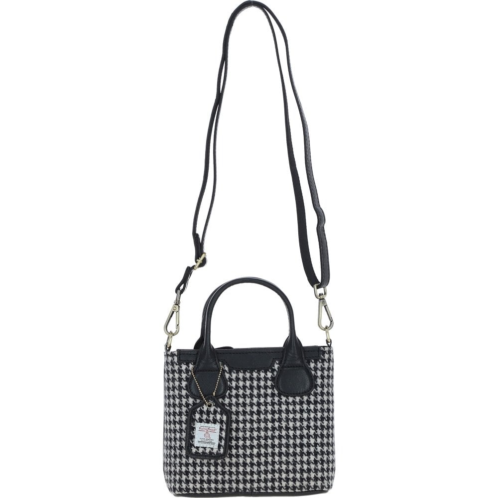 Real Leather with Harris Tweed Troon Mini Handbag with Removable Crossbody Strap - Black Leather &amp; Black and White Houndstooth