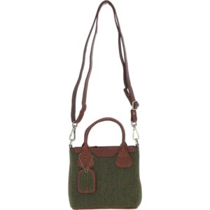 Real Leather with Harris Tweed Troon Mini Handbag with Removable Crossbody Strap - Tan Leather &amp; Green Check