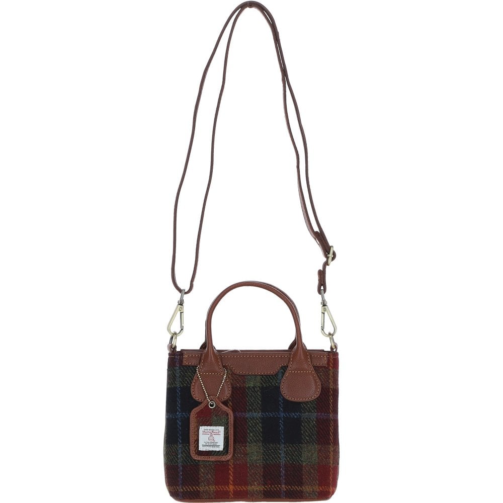 Real Leather with Harris Tweed Troon Mini Handbag with Removable Crossbody Strap - Tan Leather &amp; Green Red