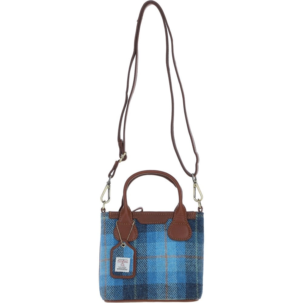 Real Leather with Harris Tweed Troon Mini Handbag with Removable Crossbody Strap - Tan Leather & Castle Bay