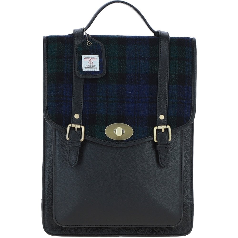 Real Leather Carrick Large Laptop Backpack with Black Leather & Black Watch Harris Tweed