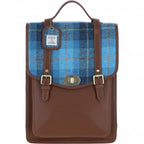 Carrick Large Tan Leather Laptop Backpack with Harris Tweed Blue Check Fabric | Harris Tweed Scotland