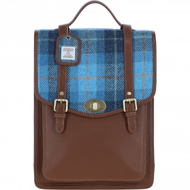 Real Leather Carrick Large Laptop Backpack with Tan Leather & Light Blue Tartan Harris Tweed