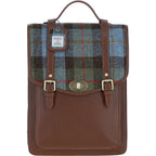 Carrick Large Tan Leather Laptop Backpack with Harris Tweed Blue, Green & Brown Fabric | Harris Tweed Scotland